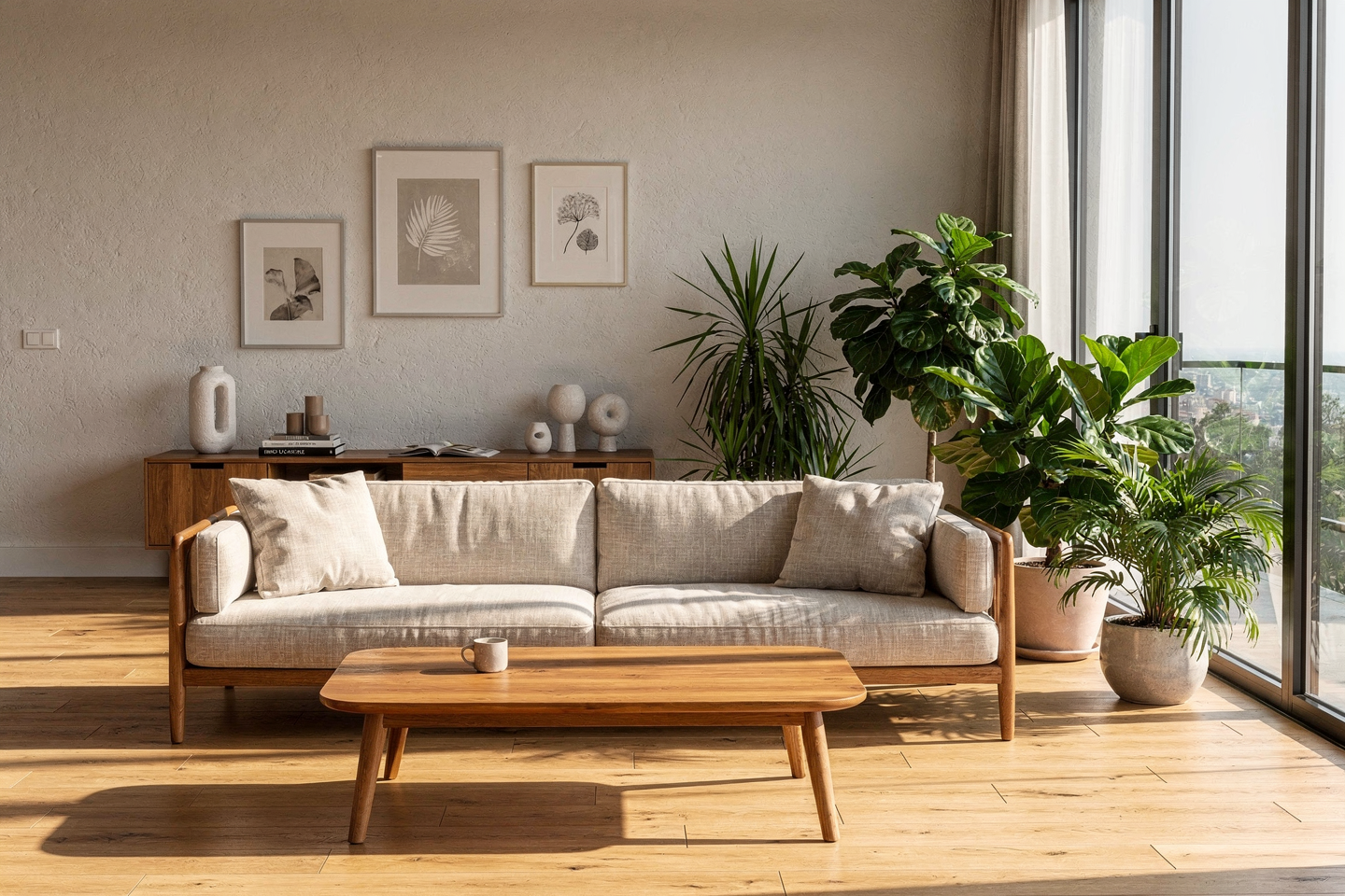 Sunlit Modern Living Room with Handcrafted Wood