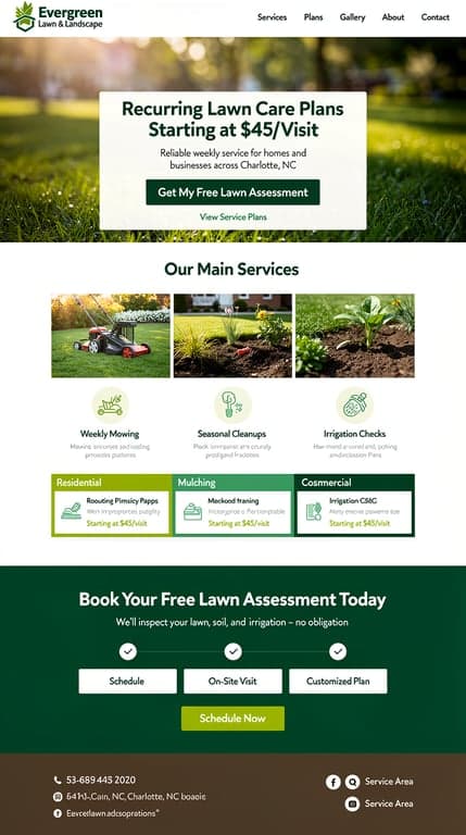 One-page homepage design for Evergreen Lawn & Landscape (Charlotte, NC) promoting recurring lawn care plans starting at $45/visit for residential and commercial, highlighting weekly mowing, seasonal cleanups, mulching, and irrigation checks; photography-forward layout with fresh, healthy aesthetic in deep greens and soil browns. Include a prominent recurring-plan pitch, clear section for main services, and a bold free lawn assessment call-to-action.