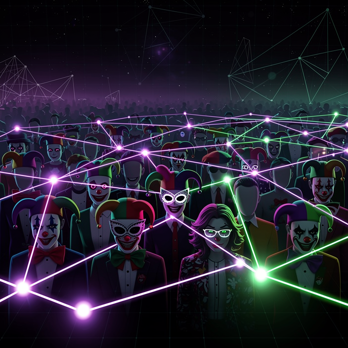 Abstract crowd of online fans connected by glowing lines, joker clown themed community, neon purple and green digital network effect, dark background, digital illustration
