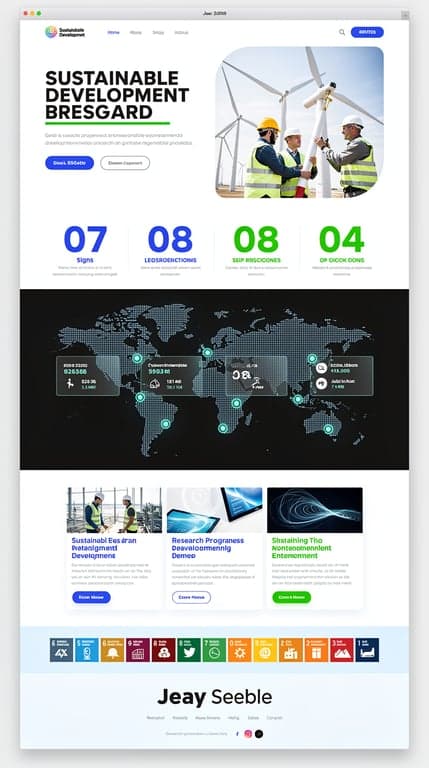 Full-page website mockup for a global sustainable development research initiative. Modern editorial-tech direction: split-screen hero — left half a huge sans-serif headline on crisp white with a green underline accent and two buttons, right half a full-height photograph of engineers and wind turbines with a soft rounded corner. Below: oversized animated counters in a 4-column grid separated by hairline rules, a dark section containing an interactive dotted world map with glowing teal nodes and floating glass cards, bento-style grid of research programmes with mixed card sizes, a horizontal scrolling SDG strip, and a light footer with a big wordmark. Palette: near-black ink #0f172a, vivid blue #2563eb, fresh green #22c55e, white and pale blue tints. Lots of whitespace, geometric precision, confident type scale.
