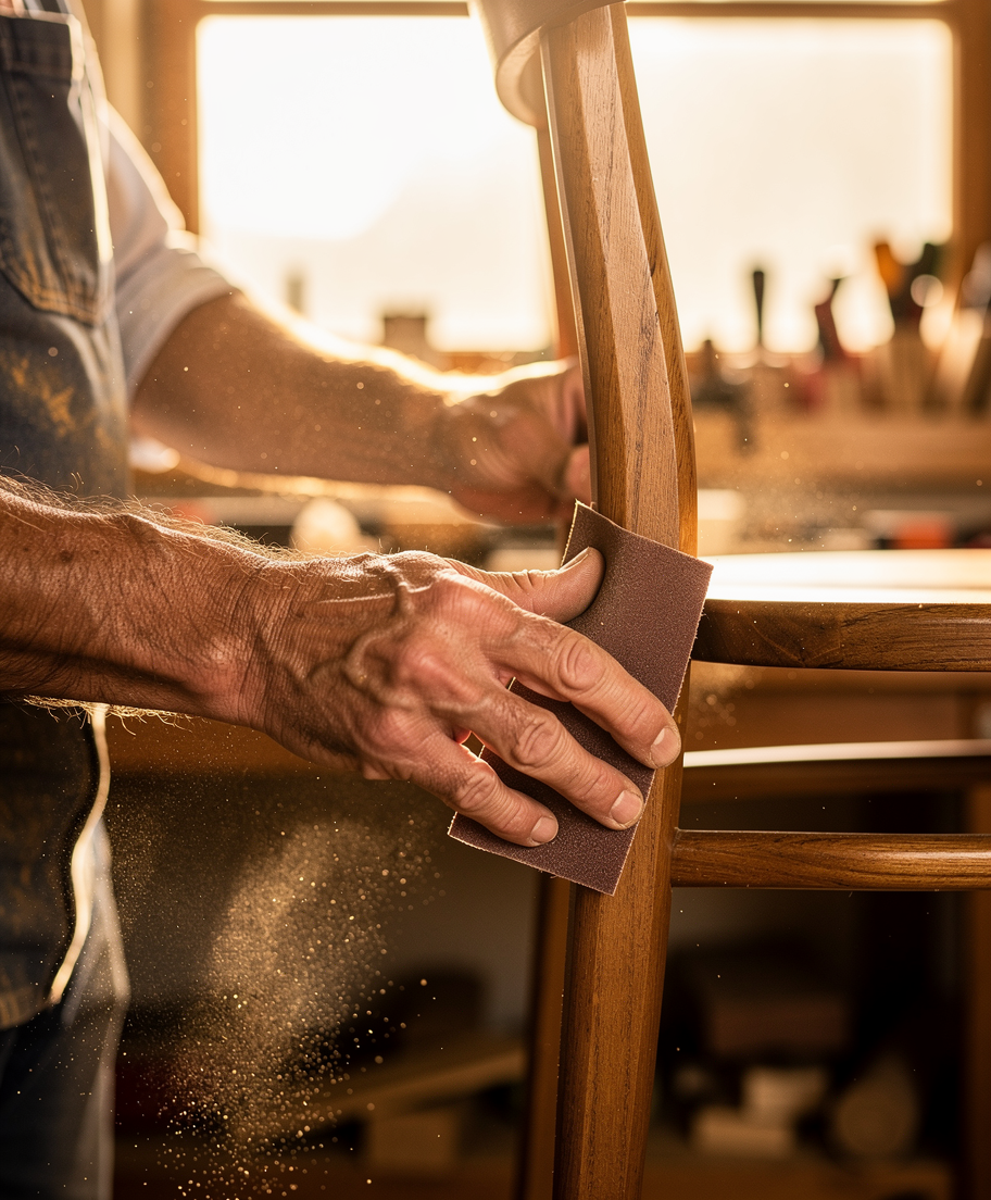 Photorealistic craftsman sanding and finishing a wooden chair leg in a bright sunlit workshop, warm natural light, close-up hands at work, high detail photography