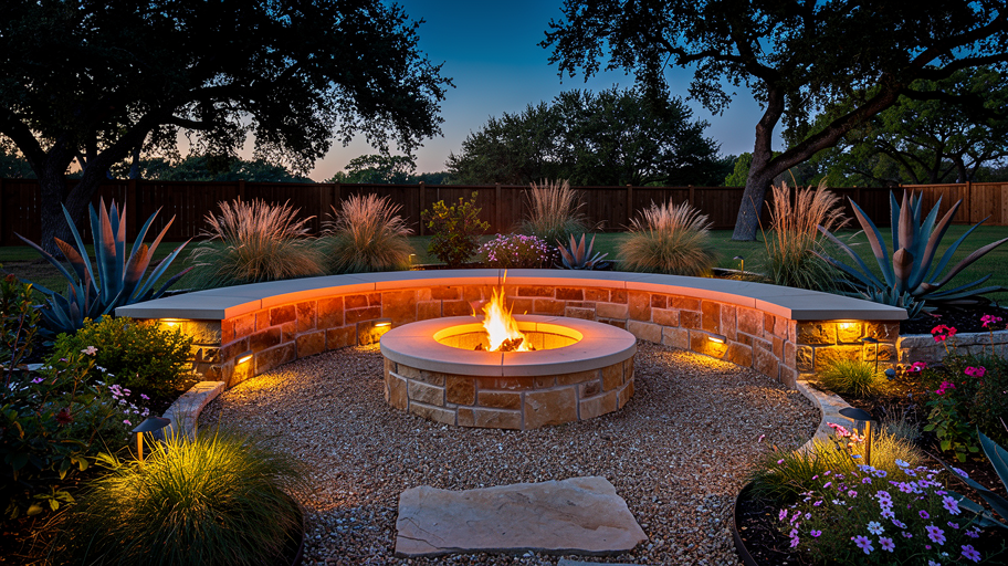 Professional photograph, natural light, realistic: Outdoor fire pit with built-in seating wall at dusk in an Austin garden. No text or watermarks.