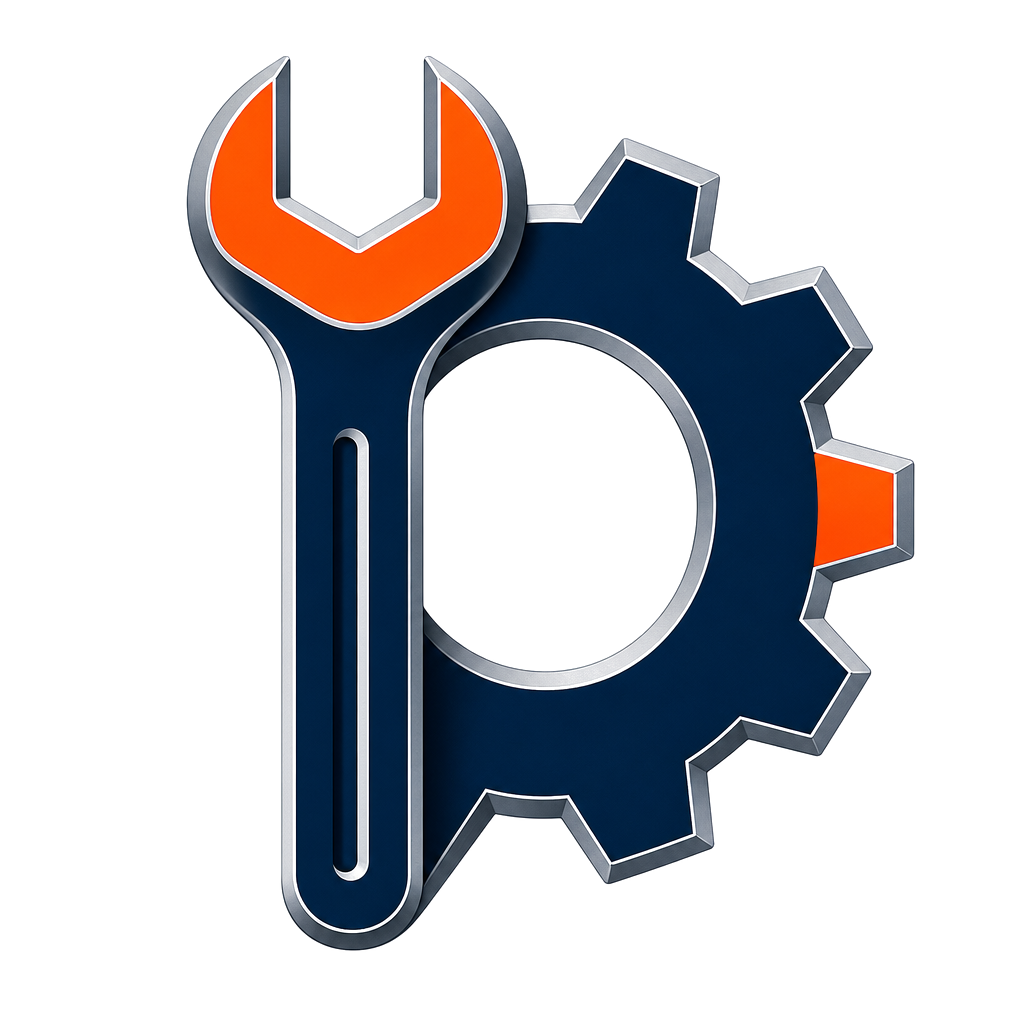 "Create a standalone, professional icon-only logo mark for 'D&J Stratagem Inc.', a premium online-only wholesaler of industrial parts, power tools, heavy machinery, and construction supplies — a smarter, strictly B2B version of Home Depot.
Core visual concept:
A bold, geometric, minimalist icon that seamlessly fuses a stylized heavy-duty wrench and a precision industrial gear into one powerful symbol. The wrench handle forms the left vertical side of the gear, with the wrench head integrated into the gear’s outer teeth on the right. The design creates a strong mechanical motif that instantly communicates tools, machinery, engineering strength, precision, and strategic sourcing. Keep the lines ultra-clean, sharp, and geometric with subtle metallic beveling and very slight 3D depth for a premium engineered feel, while remaining fully scalable and vector-friendly.
Design details:

The gear has 8–10 evenly spaced teeth for a clean industrial look.
The wrench is thick, heavy-duty style with realistic but stylized proportions.
Perfect negative space between the wrench and gear teeth.
No text, no letters, no “D&J”, no “Stratagem” — just the pure icon mark.
The entire icon must be perfectly centered and balanced within a square or circular bounding area (invisible).

Color palette (exact hex codes):

Primary: Deep industrial navy blue (#0A2540) for the main body of the wrench and gear.
Highlights & gear teeth edges: Metallic silver-gray with subtle steel sheen (#A8B5C8).
Accent: Energetic safety orange (#FF6200) used sparingly on the wrench head and one or two gear teeth to evoke power tools and construction energy.
Background: Fully transparent (no outer circle or shield unless it subtly frames the icon perfectly).

Style and mood:

Clean modern vector style, high contrast, extremely professional and trustworthy.
Conveys strength, reliability, precision engineering, and smart industrial solutions.
Premium B2B feel — serious, not cartoonish, not overly decorative.
Must work perfectly at very small sizes (favicon, app icon, embroidery) and large scales (truck decals, signage).
Ultra-sharp edges, no noise, no heavy textures, minimal gradients only on metallic bevels.

Technical requirements:

Icon only — no words whatsoever.
Aspect ratio perfectly square or very slightly wider for versatility.
Scalable to any size without losing detail.
Generate on a plain white or transparent background.