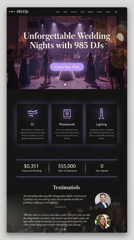 Full-page website mockup for "985 DJs", a luxury wedding entertainment company offering DJ, photobooth and lighting services. Direction A — "Midnight Dance Floor": a dramatic dark royal-purple hero with a wedding reception dance floor bathed in violet uplighting, huge confident serif display headline overlaid, glowing lavender accent CTA button "Check Your Date". Below, generous whitespace on deep near-black sections, a three-card services grid (DJ, Photobooth, Lighting) with subtle purple glow, a stats strip, and testimonials. Elegant serif display font paired with clean sans-serif body, palette of #6b21a8 primary, #a855f7 glow accent, #f3e8ff soft light text, cinematic moody nightlife feel. Modern award-winning studio quality.
