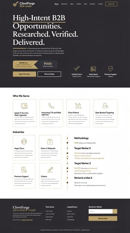 Full-page website mockup for "ClientForge Elite Leads", a premium B2B lead generation platform connecting Indian IT/AI/web agencies with verified international clients. Direction A — Editorial Authority: deep charcoal #0F1419 canvas with warm off-white text and restrained gold #D4AF37 accents, huge Playfair Display headline "High-Intent B2B Opportunities. Researched. Verified. Delivered." set asymmetrically left with a thin gold rule, Inter body copy, a slim gold trial banner pill (₹999), two CTAs (solid gold + ghost outline), and a 4-icon trust bar. Below: generous whitespace sections alternating dark and off-white, thin hairline-bordered cards for Who We Serve / Industries / Target Markets, a numbered methodology timeline, and a 3-tier pricing table with the trial column outlined in gold and tagged "LIMITED TIME OFFER". Minimal shadows, geometric checkmark+arrow logomark, magazine-grade type hierarchy.