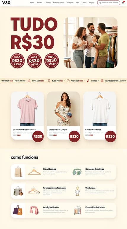 Full-page website mockup for "V30", a Brazilian clothing and accessories store where every item costs R$30. Direction A: bold price-tag energy — hero with a huge oversized "TUDO R$30" display headline in a heavy condensed sans, cherry red (#991b1b, #dc2626) on warm off-white, big sticker-like circular price badges, split hero with a full-bleed photo of a smiling family shopping, sticky top nav with text logo V30, then a scrolling marquee strip, a 3-column product grid with hover lift cards and price chips, an alternating split "como funciona" section, testimonial cards, and a dark red footer with WhatsApp CTA. Generous whitespace, confident typography, rounded 18px corners, soft shadows.