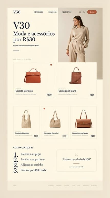 Full-page website mockup for "V30", a single-price (R$30) fashion and accessories store in Brazil for all ages. Direction B: editorial boutique minimalism — cream and deep charcoal palette with one terracotta/orange accent (#ea580c), elegant serif display headings paired with clean grotesque body text, asymmetric offset hero where a tall portrait photo of a stylish shopper overlaps a large left-aligned headline, thin rules and small caps labels, an editorial 2-up and 4-up magazine-style product grid with generous margins, numbered "como comprar" list, quiet testimonial block, minimal footer. Lots of whitespace, refined and calm, subtle hairline borders.