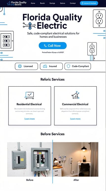 Modern professional electrical contractor homepage for "Florida Quality Electric". White background, deep navy (#1e3a5f) header and section blocks, electric blue (#2563eb) accents. Bold sans-serif display headline in hero with a strong text-based wordmark logo (circuit/bolt icon mark + wordmark), supporting subhead about safe, code-compliant electrical work, and a prominent blue "Call Now" button with phone icon. Clean geometric line-art electrical icons (panel, outlet, breaker) subtly integrated, no cheesy lightning bolts. Trust bar with licensed/insured badges below hero. Service cards grid for residential/commercial in white cards with navy borders. Before/after gallery section with split image frames. Confident, structured, grid-based, generous whitespace, no stock photography reliance.