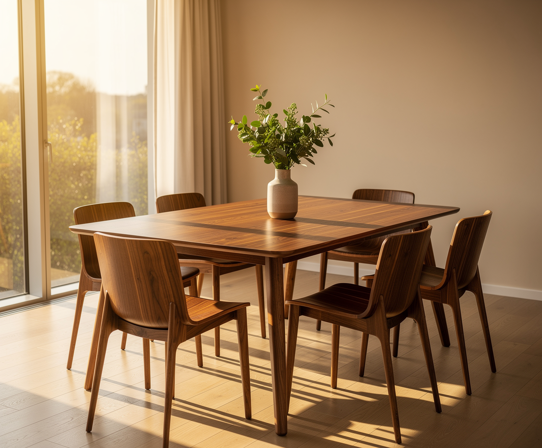 Photorealistic modern solid wood dining table and chairs set in a bright sunlit dining room, warm natural tones, large windows, high detail interior photography