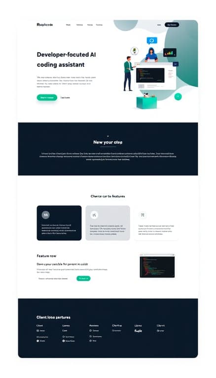 Design a simple, clean one-page website for Replicode (a developer-focused AI coding assistant) with a minimal hero containing logo, concise headline, subheadline, primary CTA and secondary link, plus a three-feature row with icons, a code/terminal mockup screenshot, client logos, and a compact footer. Use a white background, navy and teal accents, generous whitespace, rounded cards, subtle geometric shapes, and modern sans-serif typography for a polished, tech-focused look.