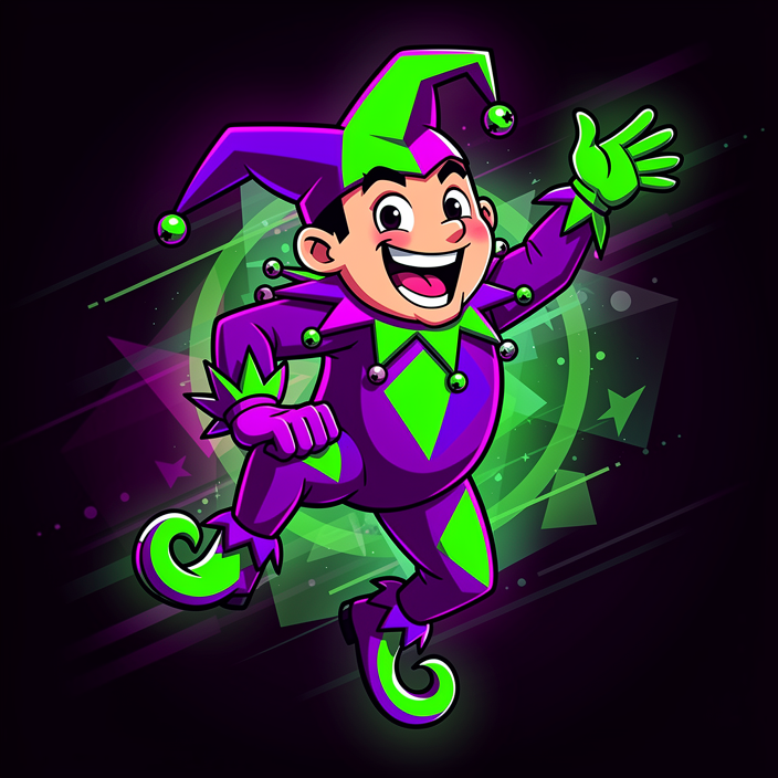 Cartoon jester mascot character laughing with a huge happy grin, playful energetic pose, neon purple and green lighting, dynamic digital illustration