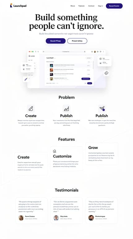 Light, airy, ultra-minimal product landing page for "Launchpad" on off-white #e2e8f0 background with near-black #0f172a typography and a single restrained indigo accent used only for the primary button and a few underlines. Hero is centered with a huge serif display headline "Build something people can't ignore.", short subtitle, pill-shaped CTA buttons, and below it a wide realistic browser-window product mockup with soft drop shadow and small floating rounded UI badges overlapping its edges. Problem section as three minimal icon cards in a row. Features section as a diagonal staggered layout (alternating left/right) for Create, Customize, Publish, Grow. Testimonials as a clean three-column card grid with subtle borders. Soft, spacious, magazine-like grid, generous margins, refined micro-details, no gradients or glass effects.