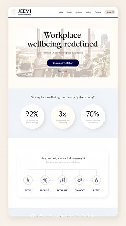 Minimalist, airy landing page for JEEVI Workplace Wellbeing with an editorial-calm mood. Centered hero on soft off-white background with a small sapphire accent line, huge confident serif headline, muted photo of a calm modern Sydney office interior with soft natural light beneath the headline in a rounded-corner frame, single centered CTA pill button in sapphire. Sections flow vertically with alternating full-width pale sapphine (#eff6ff) bands and white bands, statistics shown as three circular badges with big numerals, five-step MOVE BREATHE REGULATE CONNECT RESET shown as a horizontal timeline with connecting line and circular icon nodes. Soft shadows, rounded cards, lots of negative space, understated premium typography, no gym or spa visuals.