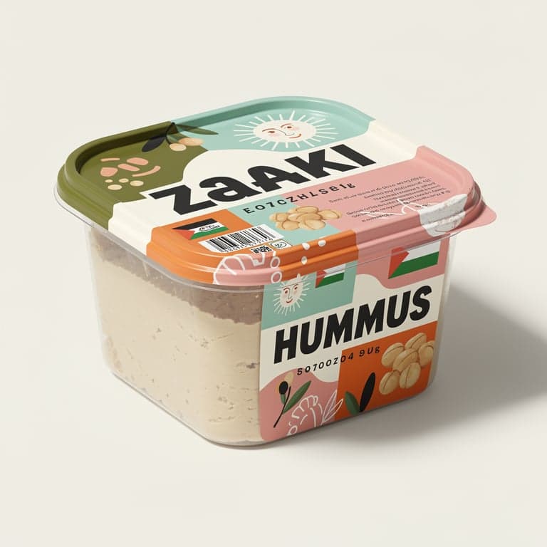 Create a vibrant, high-impact, retail-ready hummus packaging mockup for Zaaki that feels bold, playful, and unmistakably modern — designed to appeal to Gen Z while remaining rooted in Palestinian and Levant food culture.
Use a square, transparent plastic container with a square lid, grocery-store ready. Feature the Zaaki logo exactly as provided, large and unapologetic — it should feel like a badge, not a label.
The word “HUMMUS” must appear clearly and boldly on the front panel, integrated into the design hierarchy (not small or secondary).
Color direction (Zaaki palette only):
Push high contrast color blocking using olive green #A7A838, mint/teal #60C3AD, rose pink #F37C90, and harissa orange #EC6542
Use off-white #FFFDF9 as breathing space, not the dominant tone
Use deep near-black #150F11 for bold typography and punch
Design style:
Loud, confident, and playful — inspired by Gen Z brands, street posters, and modern food culture
Fewer small details, bigger shapes and bolder moves
Use oversized typography, expressive letterforms, and confident hierarchy
Illustration should feel graphic, abstract, and fun, not delicate or sketchy
Avoid:
Soft hand-sketched textures
Muted tones or washed-out pastels
“Farmhouse” or artisan cues
Busy ingredient doodles
Instead:
Use chunky shapes, dynamic layout, playful negative space
Simple, bold icons or abstract food symbols
Visual energy that feels social-media-native and shelf-stopping
FDA realism:
Include believable U.S. grocery labeling elements (net weight, ingredients, allergen statement, nutrition facts panel on side/back). These should feel authentic but not distract from the hero design.
The hummus inside should be clearly visible — fresh, creamy, and appetizing.
Overall vibe:
Gen Z–approved
Bold, joyful, and expressive
Proudly Palestinian, not watered down
Looks like it belongs on Instagram, TikTok, and a grocery shelf
Lighting should be bright and modern. The final image should feel fun, fearless, and unmistakably Zaaki.
