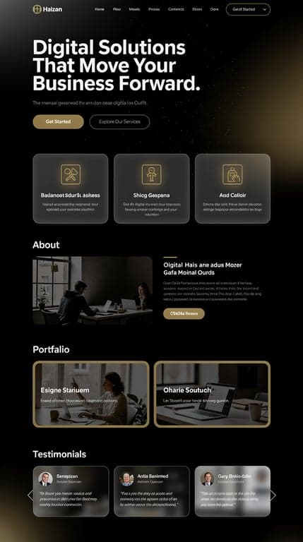 Premium dark digital agency homepage for "Haizan Studio". Near-black background (#0a0a0a), subtle gold (#c9a24a) and white accents. Hero: full-bleed dark video/gradient backdrop with faint moving particles, huge bold Outfit display headline "Digital Solutions That Move Your Business Forward.", subheadline in Inter, gold primary CTA button "Get Started" and ghost outline secondary CTA "Explore Our Services". Below: glassmorphism service cards in a 5-column grid with thin gold-bordered icons, an About section split with image left and text right, a portfolio grid of 4 glass cards with project thumbnails, testimonials as a horizontal glass carousel, and a dark footer with gold divider lines. Clean minimal spacing, soft gradients, modern sans-serif typography, professional and trustworthy mood.