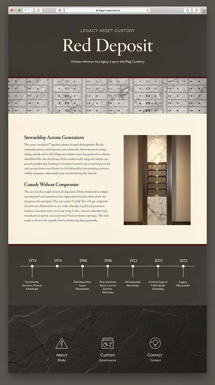 A quiet-luxury informational site for "Red Deposit", a legacy asset custody platform, in a warm charcoal palette (#18181b, #3f3f46) with cream text (#fafafa) and a single deep oxblood-red accent line. Centered, symmetrical, museum-catalog composition: hero with small kicker text, a large serif headline centered, and a thin architectural photograph of a marble vault or safety deposit box wall beneath it. Below, a two-column editorial layout pairing long-form copy with a tall vertical portrait photo, then a horizontal timeline of "legacy" milestones rendered as thin numbered lines, then a footer with a dark textured background and fine-line icons. Extremely restrained, generous margins, serif/sans pairing, feels like a private members' journal rather than a tech product.