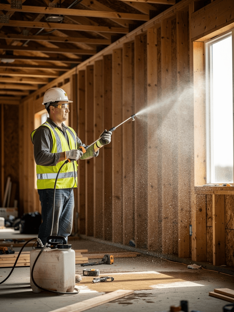 Man Spraying Wall Framing