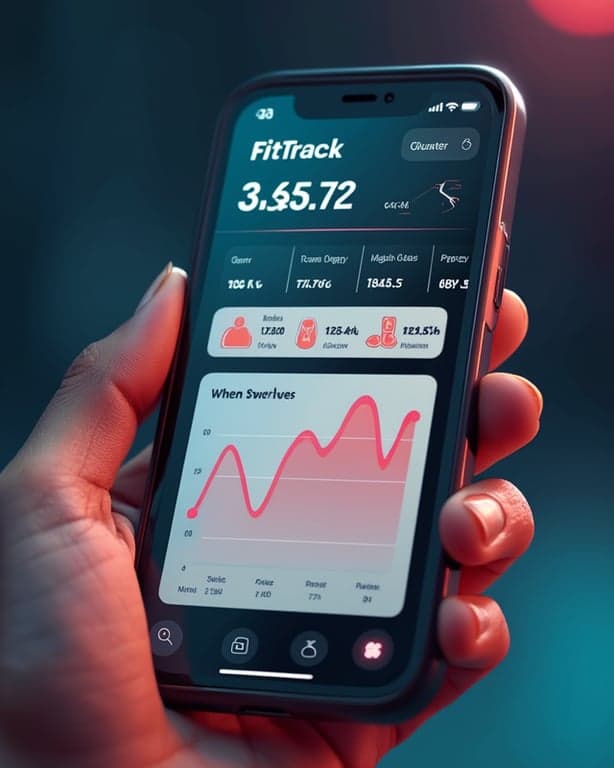 A sleek smartphone mockup showing FitTrack workout log and progress charts in a sporty tech UI