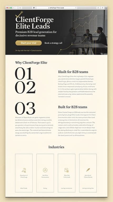 Full-page website mockup for "ClientForge Elite Leads", a premium B2B lead generation service. Direction C — Luxury Ivory Contrast: hero is a full-bleed charcoal band, but the rest of the page sits on warm ivory #F7F4EE with charcoal type and gold #D4AF37 details; oversized Playfair Display headline centered-offset with a thin gold checkmark+arrow mark above, gold pill trial banner, single dominant gold CTA button plus text link; sections use an asymmetric 7/5 editorial grid with large numerals, ultra-thin dividers instead of card shadows, an industries row of four tall minimal tiles, and a pricing area with the ₹999 trial as a large gold-bordered feature block beside two compact tiers. Airy, gallery-like, luxurious restraint.