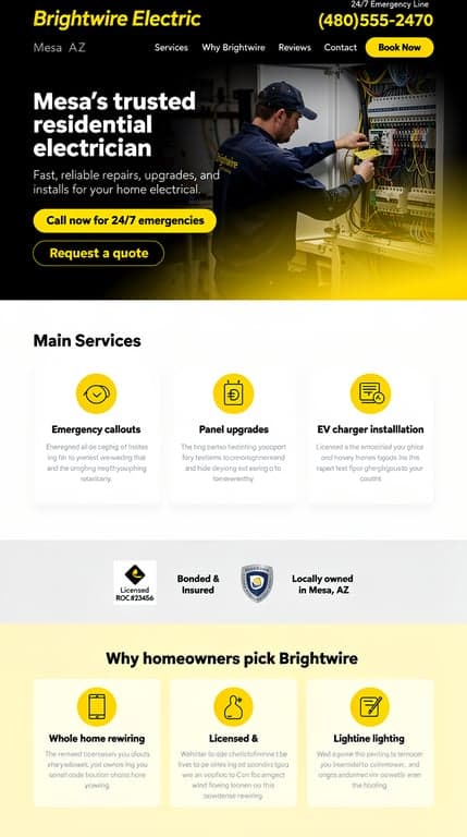 Homepage one-page website for Brightwire Electric, a residential electrician in Mesa, AZ, featuring a bold hero with 24/7 emergency call-to-action and very large phone number in the header, sections for main services (emergency callouts, panel upgrades, EV charger installation, lighting & ceiling fans, whole-home rewiring), licensing badges, and a "Why homeowners pick Brightwire" block highlighting licensed & insured, upfront pricing, and same-week scheduling. Design: high-contrast, punchy tradesman energy in yellow and black with clean layout, bold typography, and clear CTAs.