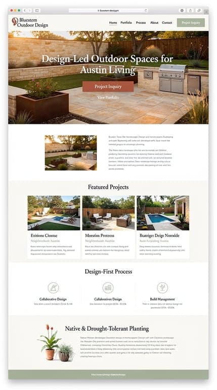 Homepage mockup for Bluestem Outdoor Design, an Austin, Texas landscape design and hardscaping studio (patios, retaining walls, outdoor kitchens, native drought-tolerant planting) with projects typically $15k–$120k and a design-first process starting with site plans. Clean, premium editorial one-page layout led by large portfolio imagery, off-white background with sage and terracotta accents, elegant typography, clear design-first tagline and a prominent "Project Inquiry" call-to-action.