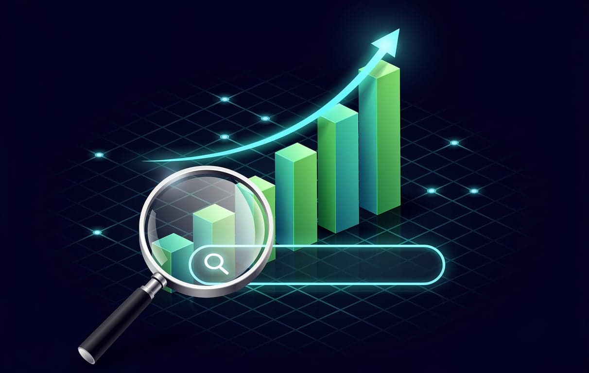 Abstract modern illustration of SEO analytics growth: rising bar chart and upward trend line, magnifying glass over a search bar, glowing data nodes and grid, deep navy blue background with emerald green and cyan gradient accents, clean vector tech style, soft glow, no text