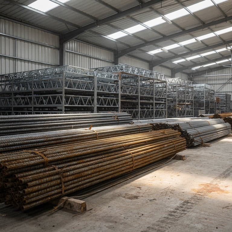 Stack of steel rebar bars and lightweight steel roof trusses in a construction material warehouse, industrial realistic photography, high detail