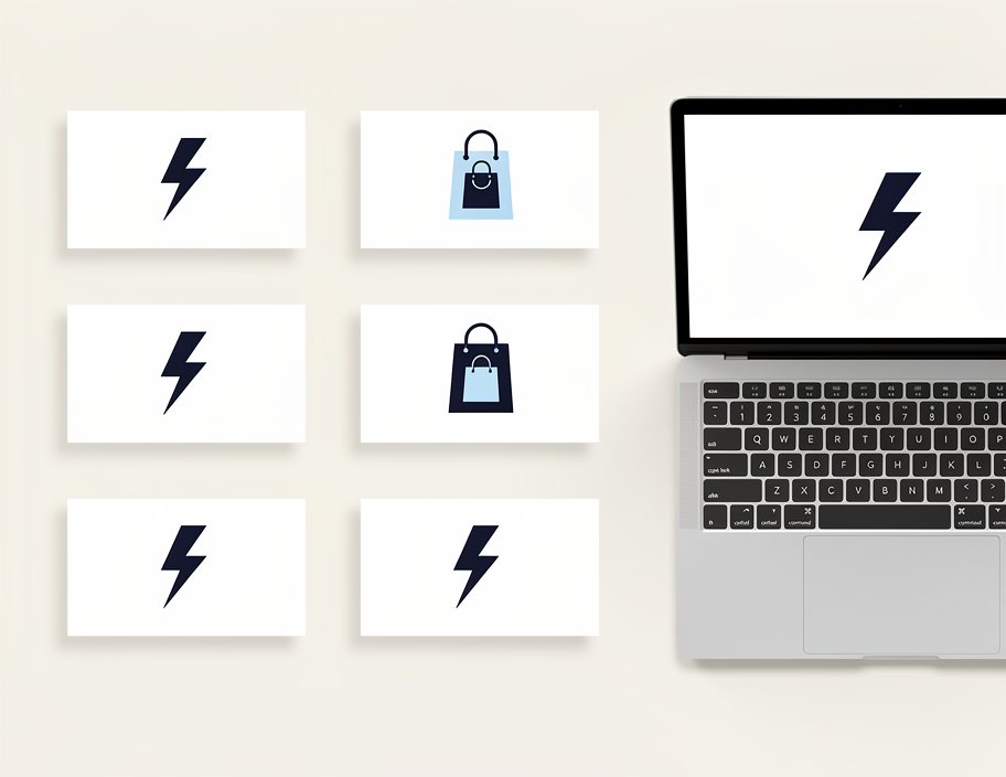 Minimalist e-commerce brand logo mockups displayed on clean white cards and a laptop screen, modern lightning bolt and shopping bag icon concepts, flat vector branding presentation, soft shadows, professional studio style