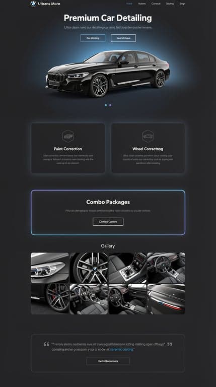 Minimalist premium car detailing homepage, deep charcoal background with soft radial blue glow behind hero car image, centered hero with slim modern sans-serif headline and understated CTA buttons with thin blue outlines. Services presented as a clean 2x2 card grid with icon badges, rounded corners, subtle border glow on hover. Combo packages shown as a single wide dark banner card with blue gradient border. Gallery of detailing close-up shots in a tight grid, testimonials in simple centered quote cards. Calm, confident, Scandinavian-inspired minimalism meets automotive luxury.