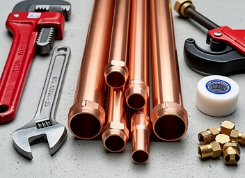 Close-up of professional plumbing tools and copper pipes