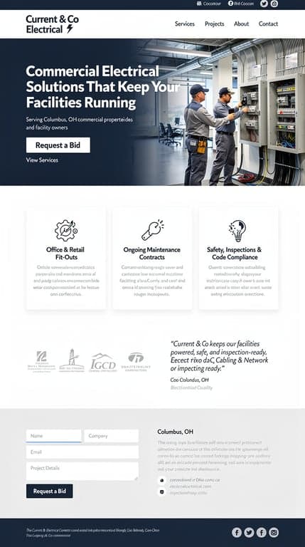 One-page homepage for Current & Co Electrical, a Columbus, OH commercial electrical contractor serving property managers, general contractors, and facility owners — clean, professional industrial layout in steel blue and gray, structured and credibility-first. Hero headline with prominent “Request a Bid” CTA, short service blurbs (office & retail fit‑outs; ongoing maintenance contracts; safety inspections & code compliance; data cabling), client logos/testimonial strip, and contact/footer, minimal grid-based design with high-contrast typography.