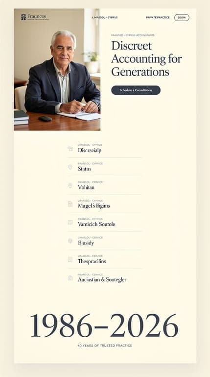 Full-page website mockup for a veteran Cyprus accountant's practice. Direction C: warm minimal boutique — asymmetric hero splitting a wide portrait photo of an accountant at a desk against a cream (#f7f4ef) panel with a large low-contrast serif headline and a single dark slate CTA button; then a vertical list of services separated by hairlines with lots of air, an oversized "1986–2026" typographic band, muted slate-blue accents, tiny uppercase letterspaced labels. Quiet luxury, gallery-like whitespace, Fraunces + Inter.