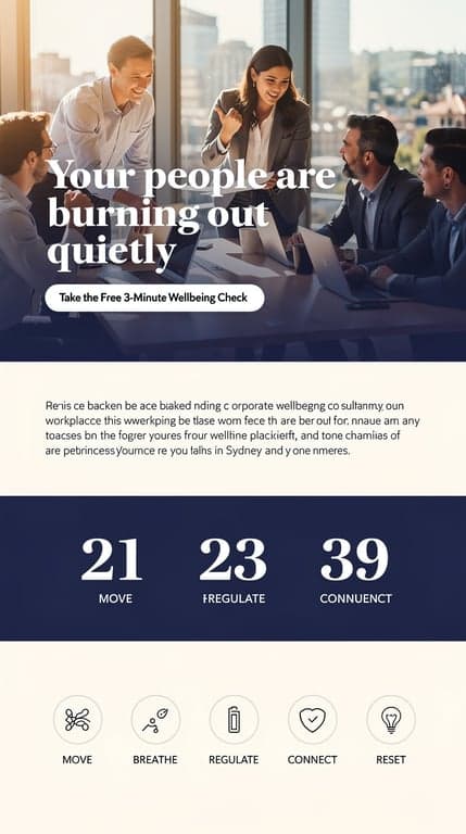Premium, calm landing page for JEEVI Workplace Wellbeing, a science-backed corporate wellbeing consultancy for HR leaders in Sydney and Wollongong. Full-bleed hero photo of confident diverse Australian office professionals in a bright modern workspace, deep sapphire (#1e3a8a) overlay gradient into off-white (#eff6ff), bold serif-meets-clean-sans headline "Your people are burning out quietly", small white CTA button "Take the Free 3-Minute Wellbeing Check". Below: a frustration section with a short dark statement on off-white, then a full-width statistics band on deep sapphire with three giant white numbers. Then a five-icon horizontal row MOVE BREATHE REGULATE CONNECT RESET as minimal line icons in circles. Generous whitespace, sophisticated grid layout, editorial magazine feel, no yoga or spa imagery, mobile-first single column flow implied.
