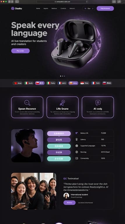 Full-page website mockup for "Daaku", AI live-translation earbuds aimed at students and creators. Direction A: dark, cinematic tech launch page — near-black #0b0714 background with deep violet #4c1d95 to #7c3aed gradient glows behind a floating macro product shot of earbuds in a charging case; huge confident geometric sans headline "Speak every language" with a lilac #f5f3ff subhead, one solid violet Pre-order pill CTA. Sections flow: sticky glass nav, hero with glowing orb, language ticker marquee, 3-up feature cards with soft violet glass borders, split scrolling section showing conversation bubbles in two languages, spec grid, testimonial from students, bold pre-order band, minimal footer. Generous whitespace, subtle noise texture, award-winning studio polish.