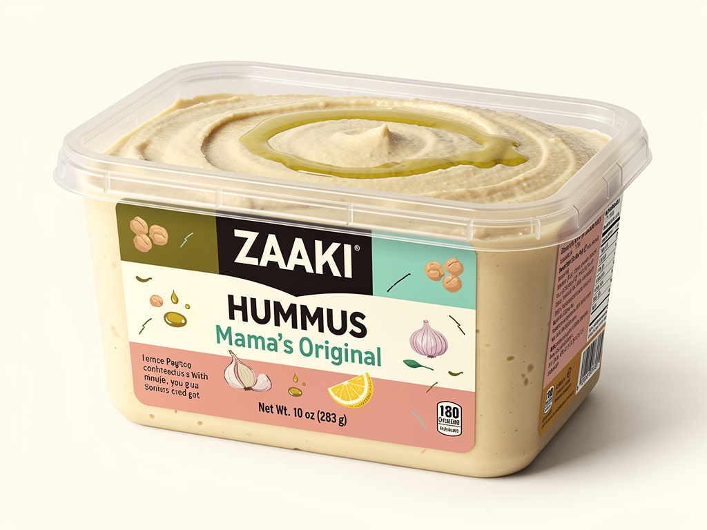 Create a high-quality, retail-ready product mockup of Zaaki “Mama’s Original” Hummus in a rectangle, transparent plastic container with a rectangle  lid, suitable for U.S. grocery stores.
The design should feel warm, comforting, and joyful, inspired by home kitchens, family recipes, and shared tables. This is the anchor flavor — confident, nostalgic, and deeply rooted.
The word “HUMMUS” must appear clearly on the front label, alongside the flavor name “Mama’s Original.”
Include realistic FDA-required labeling elements (net weight, ingredients, allergen statement, nutrition facts panel placed on side or back), integrated subtly and professionally.
Use the Zaaki logo exactly as provided, bold and confident.
Color palette must strictly follow Zaaki brand colors:
Olive green #A7A838
Mint/teal #60C3AD
Rose pink #F37C90
Harissa orange #EC6542
Off-white #FFFDF9
Deep near-black #150F11
Illustrated elements should be simple and graphic — chickpeas, olive oil drips, garlic, lemon and abstract kitchen marks — no decorative patterns or photorealistic ingredient collages.
The hummus inside is visible: smooth, creamy, and pure, topped with a light olive oil swirl.
Overall vibe:
Comfort food energy
Honest, unfussy, and made with love
Feels like the hummus you grew up eating — but cooler
Lighting is clean and natural. Final image should feel shelf-ready, trustworthy, and unmistakably Zaaki.