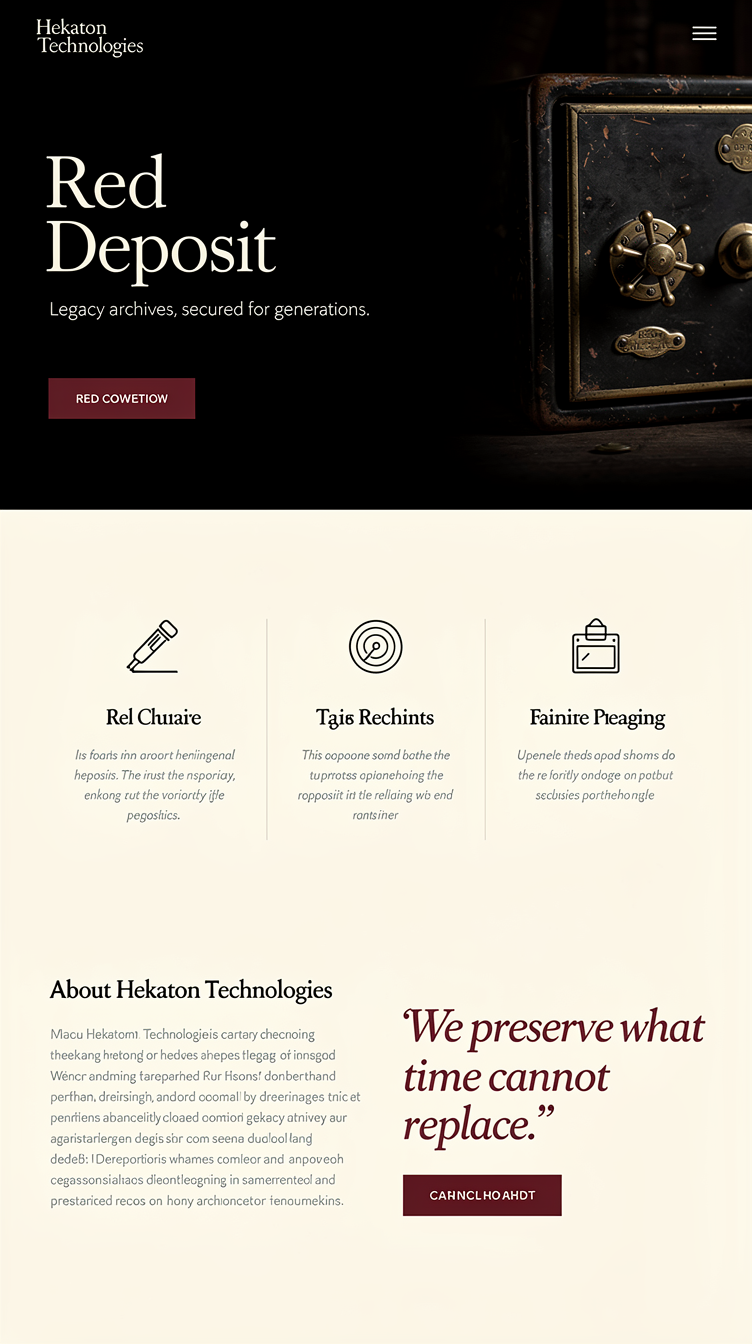 Minimalist asymmetric homepage for "Red Deposit" legacy archive app by Hekaton Technologies. Palette: black, ivory #fff6e6, wine red #63021e used sparingly as a single accent bar and CTA button. Split-screen hero: left half solid black with oversized thin serif headline and small caption text, right half a moody dark photo of an heirloom safe deposit box. Below, a wide ivory section with a 3-column grid of icons and short feature descriptions separated by hairline rules, followed by an offset two-column "about Hekaton Technologies" block with a large pull-quote in wine red serif italics. Clean grid alignment, lots of margin, restrained typography, no clutter, luxury heritage brand feel.