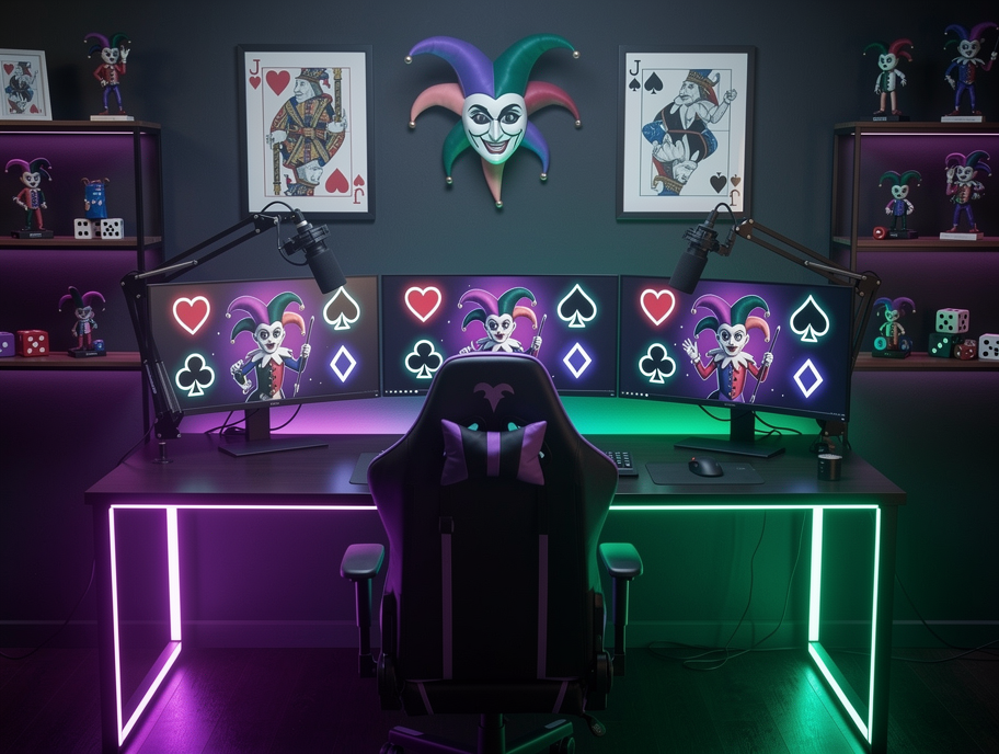 Gamer streaming studio setup with playing-card jester theme decor, neon purple and green lighting, gaming chair, monitors with card motifs, moody atmosphere, digital illustration
