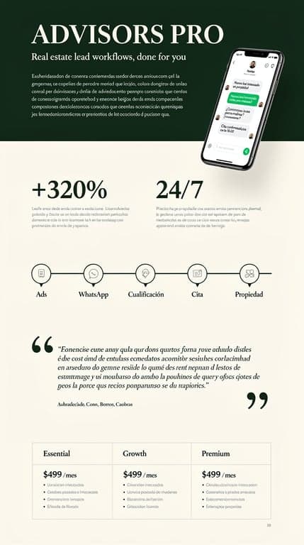 Ultra-minimal luxury real-estate tech landing page for "ADVISORS PRO". Almost entirely off-white/cream background (#f8f8f5) with deep near-black text (#111814) and one striking dark-green (#0f2e22) full-bleed hero band with large serif-meets-sans display type headline in white, huge generous negative space, thin green accent rule lines, large single-column centered hero text with a minimal phone mockup floating to the side showing a clean WhatsApp conversation UI in white and green. Sections below use wide asymmetric grids: big number stats in giant thin green typography next to short descriptions, a horizontal timeline of the funnel (Ads → WhatsApp → Cualificación → Cita → Propiedad) as a slim horizontal line with circular icon nodes, editorial-style testimonial section with large quote marks, and a pricing table with hairline borders instead of heavy cards. Extremely refined, gallery/editorial feel, lots of whitespace, elegant serif display font mixed with clean grotesk body font, confidence through restraint rather than boldness.