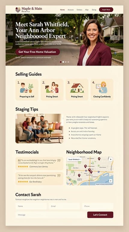 One-page homepage design for Maple & Main Realty — Sarah Whitfield, neighborhood-expert realtor in Ann Arbor, Michigan — warm maroon and cream palette, friendly typography, personable tone. Hero with Sarah photo and headline, free home valuation offer front-and-center as primary CTA, plus sections for selling guides, staging tips, testimonials, neighborhood map, and contact form; welcoming, family-focused layout.