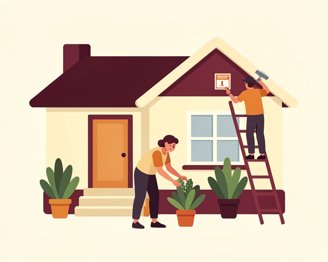 Warm flat vector illustration: Illustration of preparing a home to sell with plants and repairs. Simple friendly shapes, cohesive warm palette of maroon and cream tones, no text or labels.