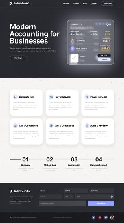 Full-page website mockup for a Cyprus accountant, "Karlettides & Co. Accounting". Direction B: bold modern fintech — full-bleed dark slate hero (#0f172a to #1e293b gradient) with huge tight-tracked sans-serif headline, floating glassy card showing a payroll/tax summary, sticky slim nav; below, light #e2e8f0 canvas with large rounded service cards, a horizontal process timeline with big numerals, and a two-column contact form beside a map-like Cyprus graphic. Crisp geometry, soft shadows, 20px radii, Space Grotesk + Inter.