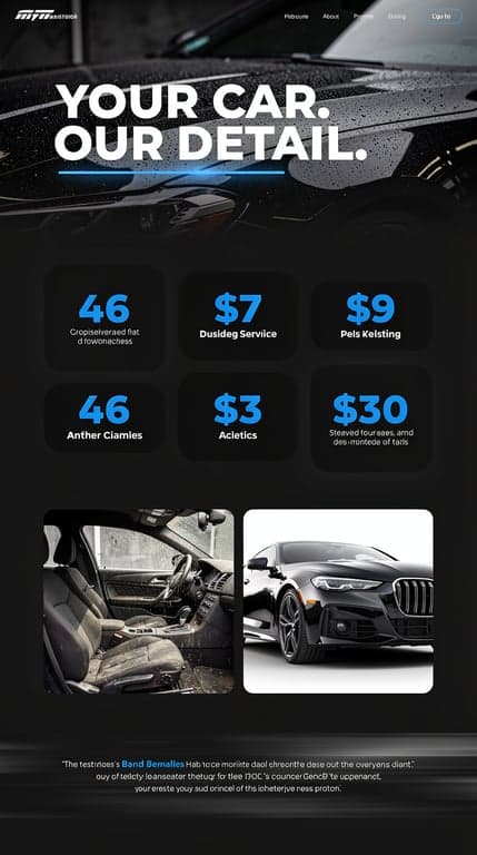 Bold editorial-style car detailing website homepage, near-black background with graphite gradients, oversized uppercase display headline "YOUR CAR. OUR DETAIL." overlapping a full-bleed image of water beading on a glossy car hood, thin blue neon underline accents. Services section as an asymmetric masonry grid of dark rounded cards with large pricing numbers in blue. Interior/exterior split with side-by-side before/after photo comparison. Testimonials in a dark ticker strip. Strong contrast, cinematic automotive photography, premium magazine feel, generous vertical spacing between sections.