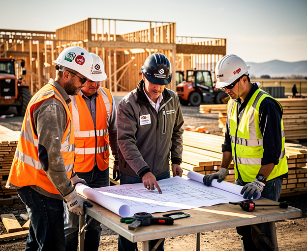 Professional photograph, natural light, realistic: Stonebridge Builders crew reviewing blueprints on a job site in Boise. No text or watermarks.