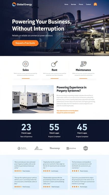 Homepage for "Global Energy", a commercial power generation systems company (sales, rent, maintenance). Bold industrial-modern hero with a full-bleed photo of a large industrial generator/power plant at dusk, deep navy blue (#1e40af) overlay gradient, large confident white sans-serif headline "Powering Your Business, Without Interruption", subhead, and a bright CTA button "Request a Free Quote". Below: a three-icon services strip (Sales / Rent / Maintenance) on off-white background, then a split image-text section showcasing generator units, a stats bar with dark navy background and light blue numbers, client logos row, and a testimonials section with soft light-blue cards. Clean grid, generous whitespace, confident geometric sans typography, blue and white palette with orange accent highlights for CTAs.