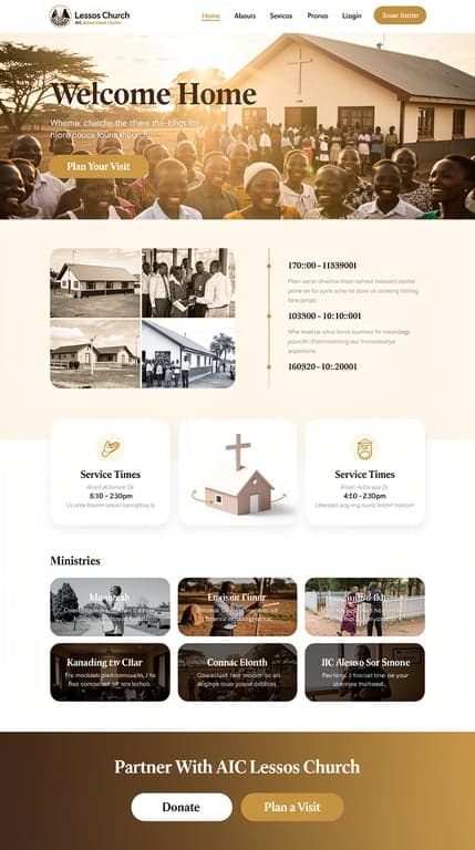 A warm, modern church homepage for "AIC Lessos Church" (African Inland Church). Full-bleed hero photo of a welcoming rural African church congregation at golden hour with a bold serif headline "Welcome Home" and an amber-gold CTA button. Below: split image/text history timeline section on a warm cream background, service-times cards in a 3-column grid with amber accents, an interactive-feeling 3D rotating cross or building illustration placeholder, ministries grid, and a donate/plan-visit footer banner. Earthy amber-gold and deep brown palette (#92400e, #f59e0b, #fef3c7), elegant serif display font paired with clean sans body, generous whitespace, soft shadows, rounded cards.