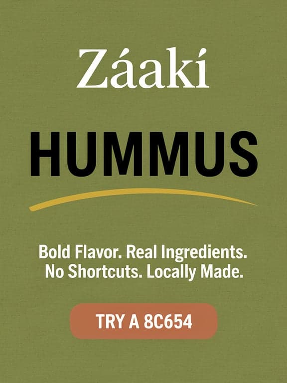 Create a high-resolution, print-ready banner design (exact aspect ratio 2:1, 6 ft wide by 3 ft tall) for a bold, premium small-batch hummus brand called Zaaki.
Background:
Solid muted olive green (HEX #A7A838) with a subtle fabric texture for realism.
Top Section (Logo):
Place the Záakí logo centered at the top in clean white. It should occupy approximately 20–25% of the banner height. Keep it crisp, flat (no distortion), and highly legible.
Main Headline:
Centered in the middle of the banner, the word:
HUMMUS
– Very large, heavy, bold sans-serif font
– Color: deep black (HEX #150F11)
– High contrast, designed to be readable from a distance (farmers market setting)
Accent Element:
Directly below “HUMMUS,” add a smooth, slightly arched underline in a warm golden-yellow tone (inspired by the brand palette), adding motion and visual flow.
Tagline Section:
Below the accent line, include the tagline in clean, bold sans-serif font:
“Bold Flavor. Real Ingredients. No Shortcuts. Locally Made.”
– Color: Off-white (HEX #FFFDF9)
– Center-aligned
– Balanced spacing for readability
Call-to-Action Badge:
Below the tagline, add a prominent rounded rectangle badge:
– Fill color: Clay Oven (#EC6542)
– Text: “TRY A SAMPLE” in bold white uppercase
– Slight drop shadow or subtle depth to make it pop
– This should be the most eye-catching secondary element
Bottom Section (Personality Line):
At the bottom of the banner, include a handwritten or script-style line:
“Taste The Revolution”
– Color: Off-white (#FFFDF9) or Glazed Teal (#60C3AD)
– Slightly playful, adds personality and contrast to the bold typography above
Design Style & Inspiration:
– Inspired by modern CPG brands and the Zaaki website hero section (playful illustrated food elements like garlic, olives, chili, tomato shapes can be subtly incorporated as faint background accents if needed, but keep layout clean and not cluttered)
– Style should feel: bold, premium, modern, vibrant, culturally inspired
– Strong hierarchy, minimal clutter, high readability from 10–20 feet away
– Balanced use of negative space
Lighting & Texture:
– Even lighting, realistic print fabric texture
– No mockups (final flat design only, not shown on a table or booth)
Color Palette (strict adherence):
– Zaatar Olive: #A7A838
– Glazed Teal: #60C3AD
– Rosewater: #F37C90
– Clay Oven: #EC6542
– Off-White: #FFFDF9
– Midnight Ink: #150F11