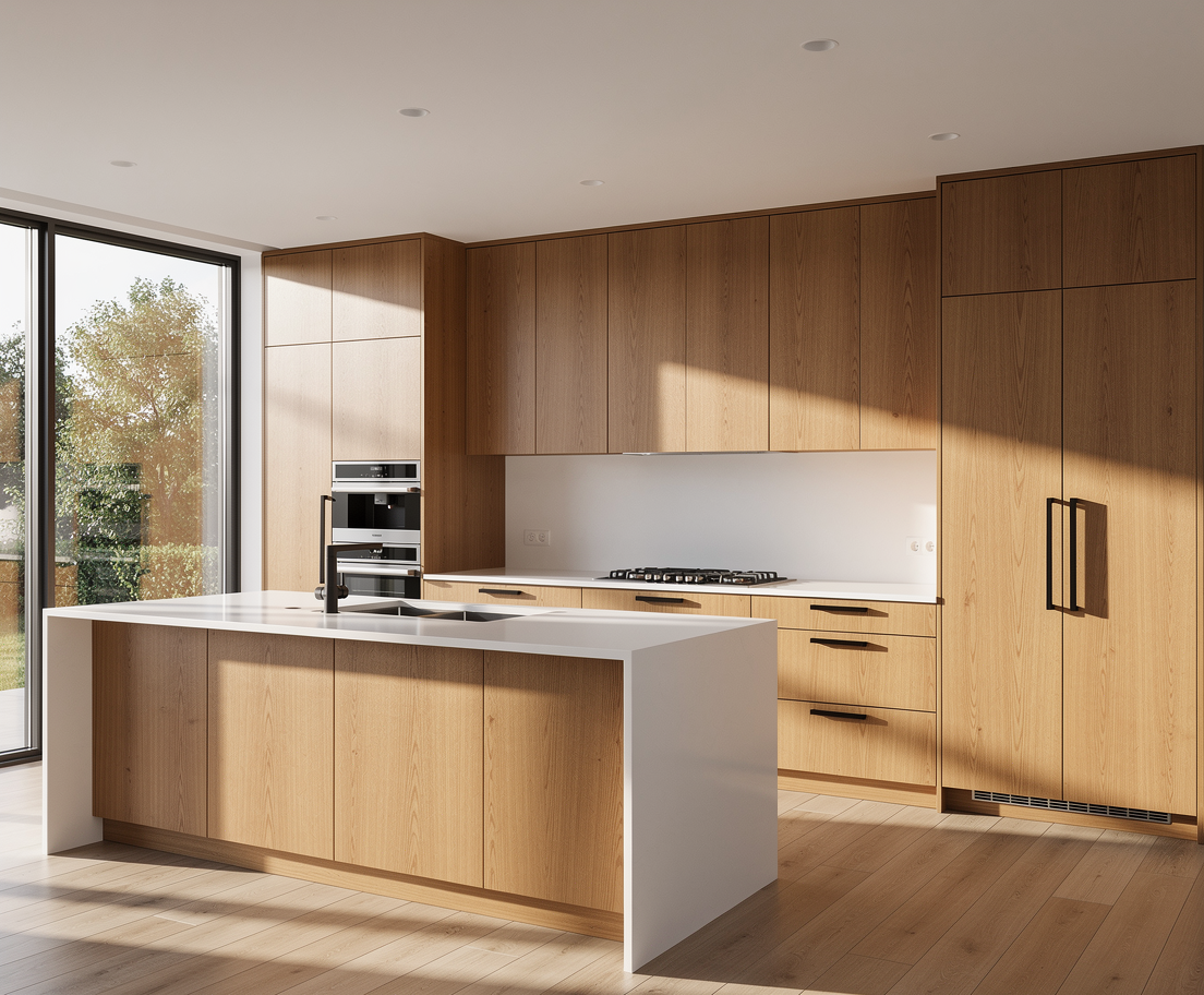 Sunlit Modern Kitchen with Warm Natural Wood Cabinets
