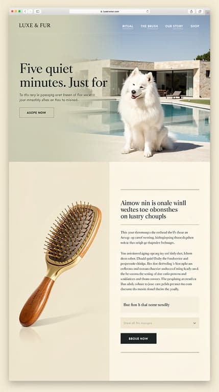 Luxury pet-care ecommerce homepage for "LUXE & FUR". Palette: ivory #F7F5F0 background, soft charcoal #202321 text, sage #71806F and deep mineral #315F62 accents, warm oak #B99B78 details. Full-bleed cinematic hero photo of a Samoyed dog beside a luxury pool villa in bright daylight, huge elegant serif headline "Five quiet minutes. Just for them." overlaid with soft gradient, minimal transparent nav with wordmark left and RITUAL / THE BRUSH / OUR STORY / SHOP right. Below: an editorial split section with product photography of a premium wooden-and-brass dog brush, generous whitespace, refined serif headings, thin borders, soft shadows, glass-like translucent cards. Feels like a Aesop or Chanel beauty site, airy, minimal, sophisticated.