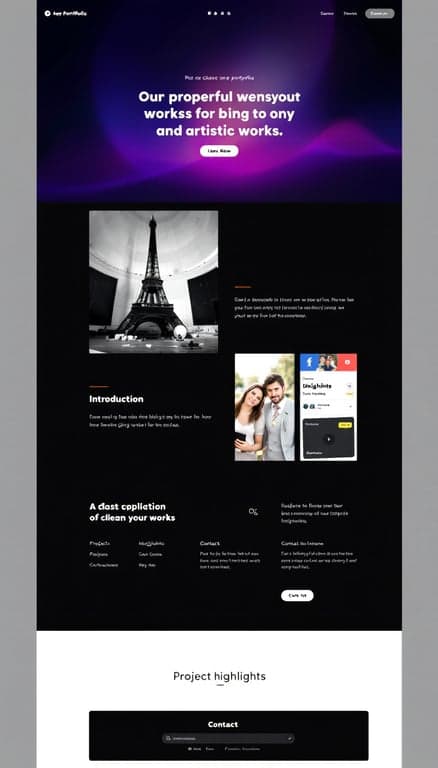 Design a simple and clean one-page portfolio website showcasing artistic works, with sections for an introduction, project highlights, and contact information. The layout should be visually appealing and easy to navigate.