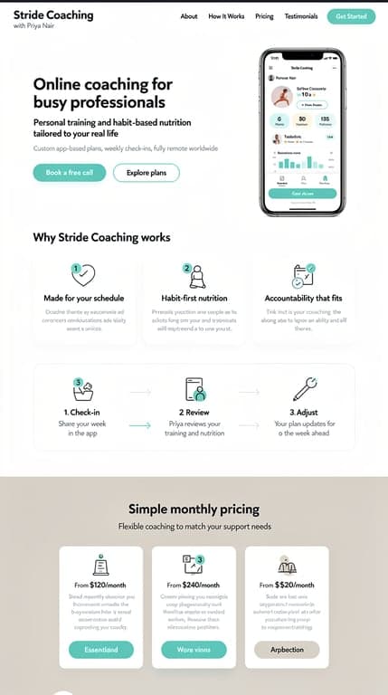 One-page homepage design for Stride Coaching (Priya Nair): online personal training and habit-based nutrition for busy professionals—custom app-based plans, weekly check-ins, $120–$240/month, remote worldwide. Light, airy, optimistic, clean and uncluttered layout in teal and warm gray with hero, benefits, weekly check-in workflow, pricing teaser, testimonials, and clear CTA.